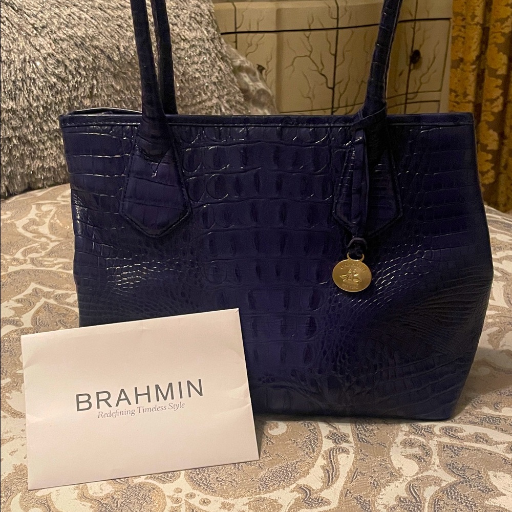 Brahmin Deep Blue Croc-Embossed Tote